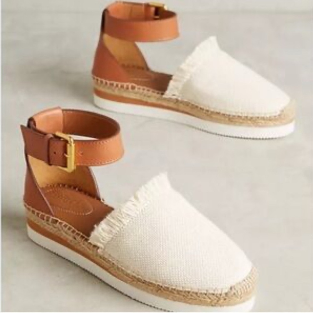 See by Chloe Glyn Leather and Canvas Sandals Womens Tan Spain Sz 37 US 7